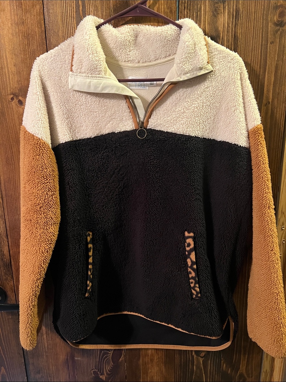 Time and Tru Colorblock Sherpa Pullover in Cream, Black & Brown